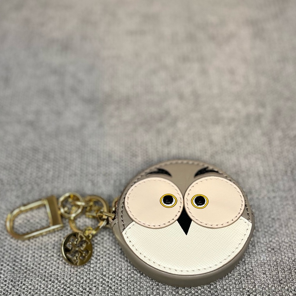 Tory Burch authentic small grey pink cream owl zipper coin purse & key chain